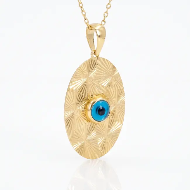 14 Karaat Gouden Ovale Nazar Hanger met Blauwe Oogsteen
