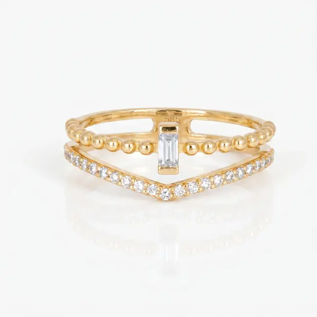 14k gouden dubbele V-ring, 0,27 ct diamant