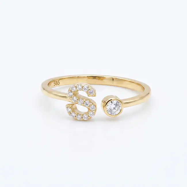 Geelgouden open letterring, 0,16 ct