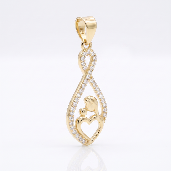 14 karaat geelgouden moeder kind hanger met hart en zirkonia