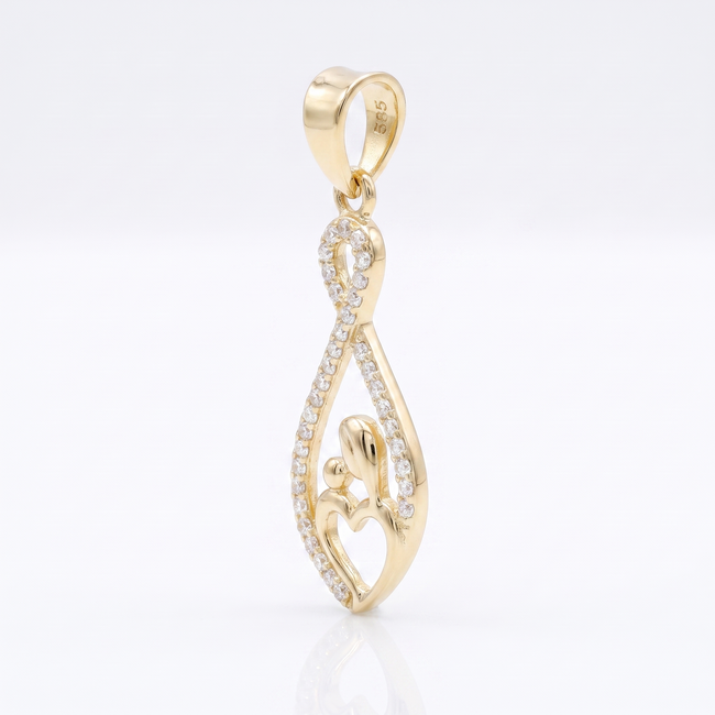 14 karaat geelgouden moeder kind hanger met hart en zirkonia