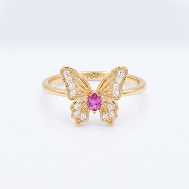 18k geelgouden vlinderring met roze steen