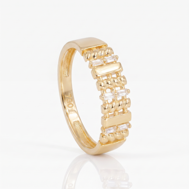 18 karaat geelgouden designring met zirkonia maat 17 1/4
