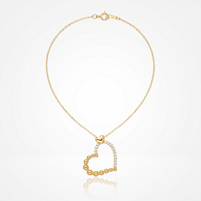 18 Karaat Gouden Collier Open Hart met Zirkonia en Bolletjes 42 cm