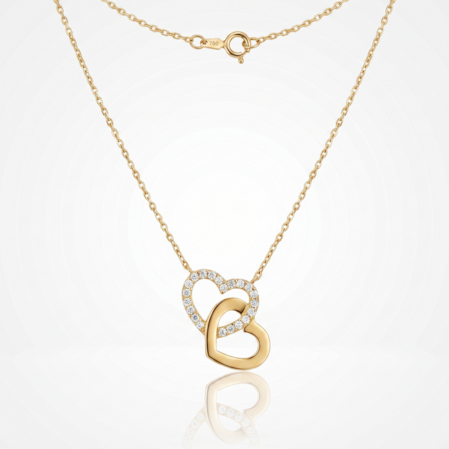 18 Karaat Gouden Collier Dubbel Hart met Zirkonia 42,5 cm