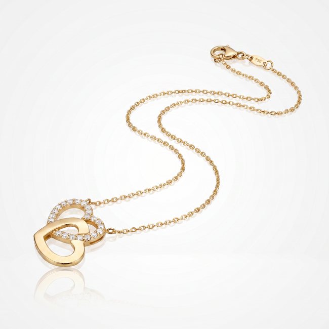 18 Karaat Gouden Collier Dubbel Hart met Zirkonia 42,5 cm