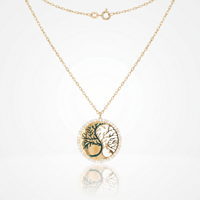 18 Karaat Gouden Collier Levensboom Yin Yang met Emaille 41,5 cm