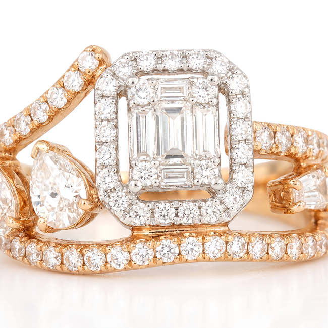 Roségouden ring met baguette, briljant