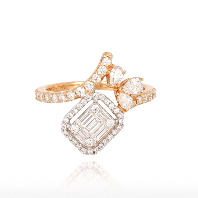 Roségouden ring met baguette, briljant