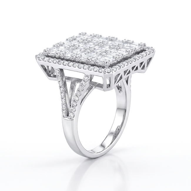 Luxe witgouden designring met 1.71 ct baguette en briljant diamanten