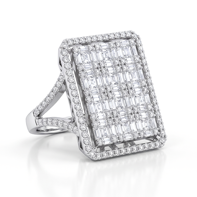 Luxe witgouden designring met 1.71 ct baguette en briljant diamanten
