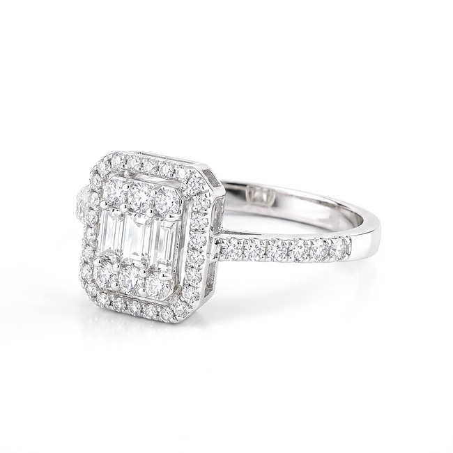 Witgouden halo ring met baguette diamanten