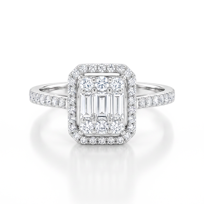 Witgouden halo ring met baguette diamanten
