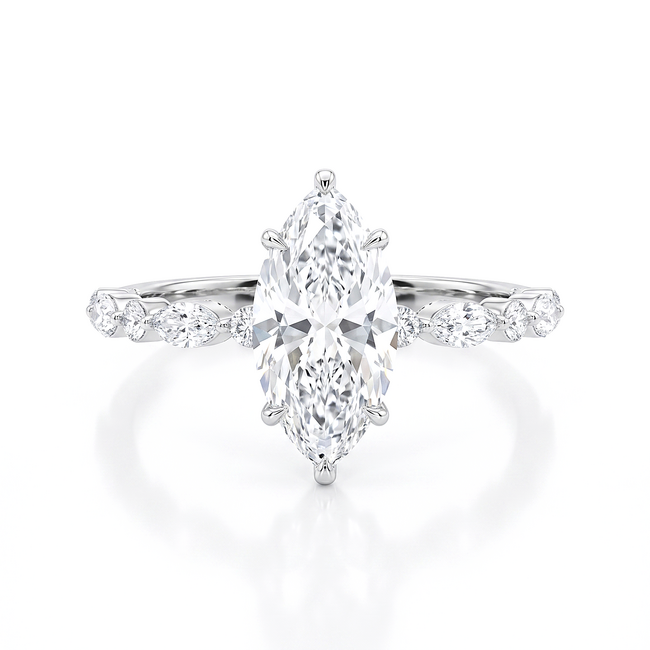 Luxe witgouden ring met marquise labdiamant en zijstenen