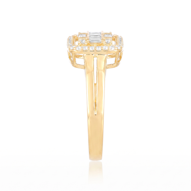 Geelgouden ring met baguette zirkonia en halo