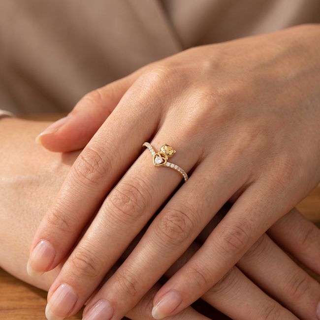 18 karaat gouden ring met teddy beer en zirkonia