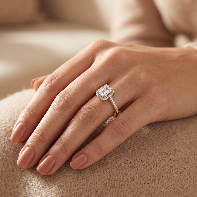 Geelgouden ring met emerald zirkonia en pavé