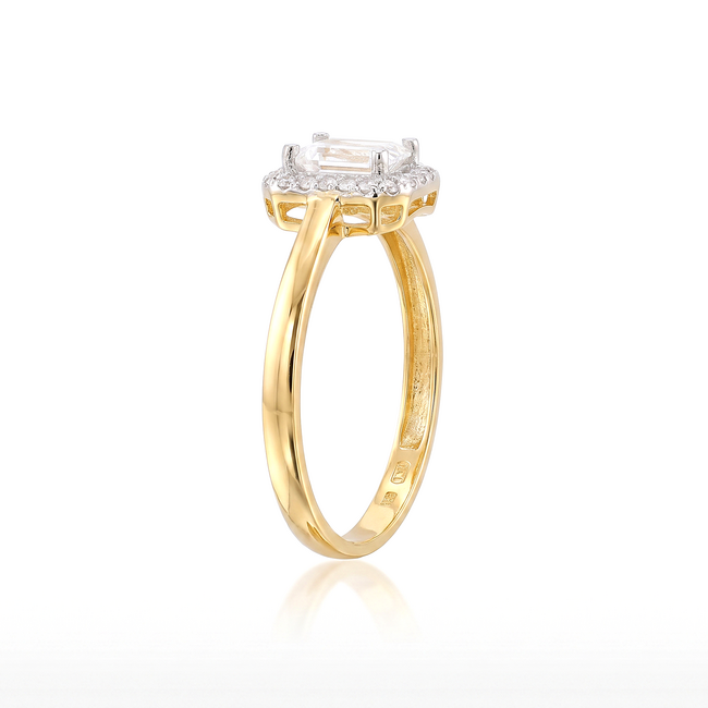 Geelgouden halo ring met emerald zirkonia