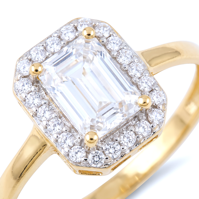 Geelgouden halo ring met emerald zirkonia