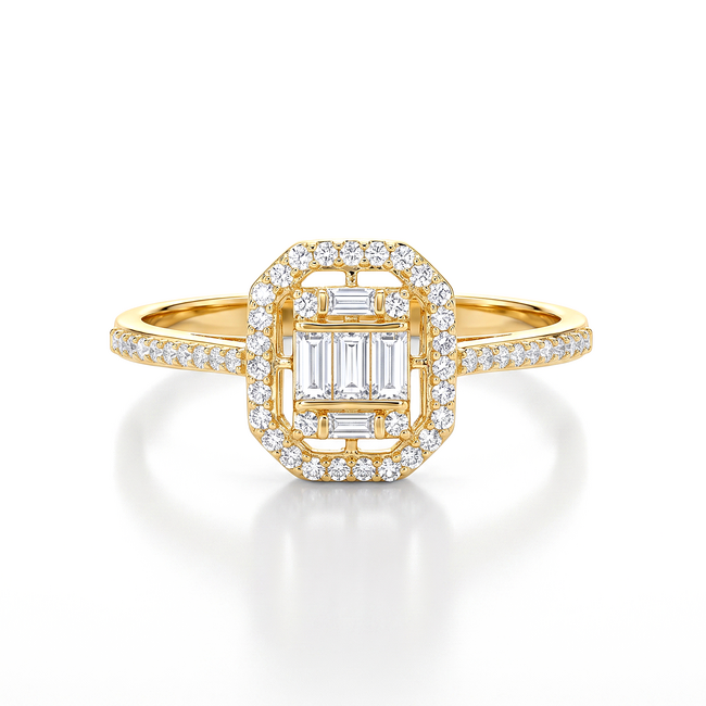 Geelgouden ring met baguette en ronde zirkonia
