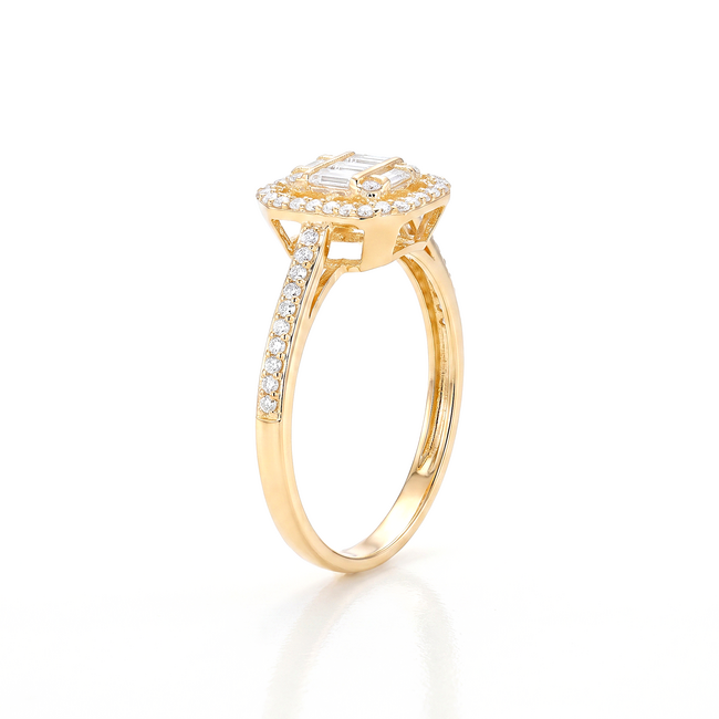 Geelgouden ring met baguette en ronde zirkonia