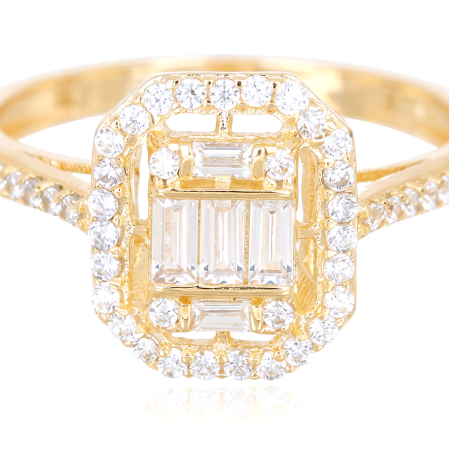 Geelgouden ring met baguette en ronde zirkonia