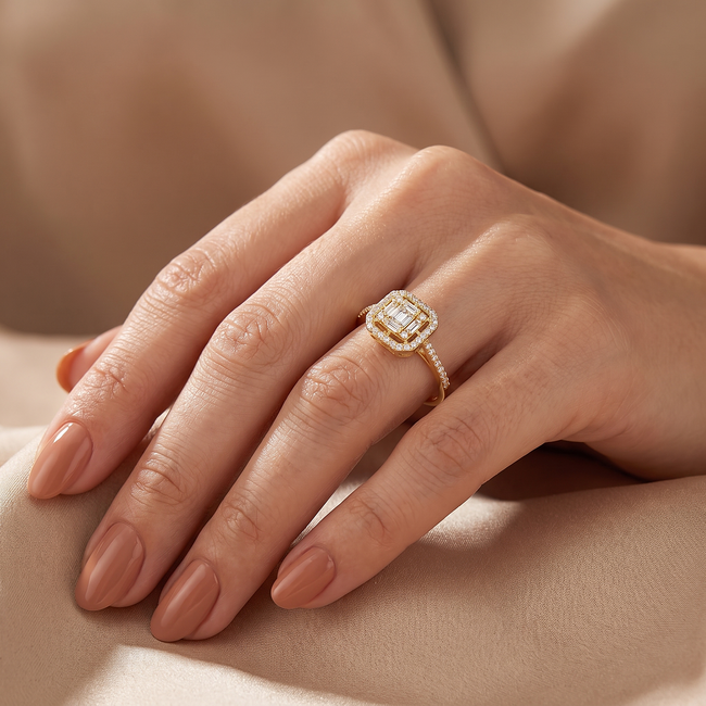 Geelgouden ring met baguette en ronde zirkonia