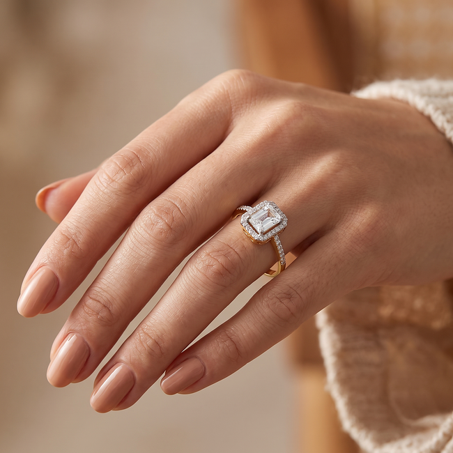 Gouden Ring Met Emerald Cut Zirkonia En Pavé Band