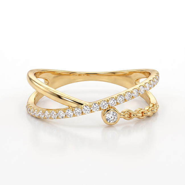 18 karaat gouden ring met open band, zirkonia en detail