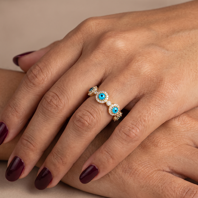 14k gouden Evil Eye ring met turquoise stenen