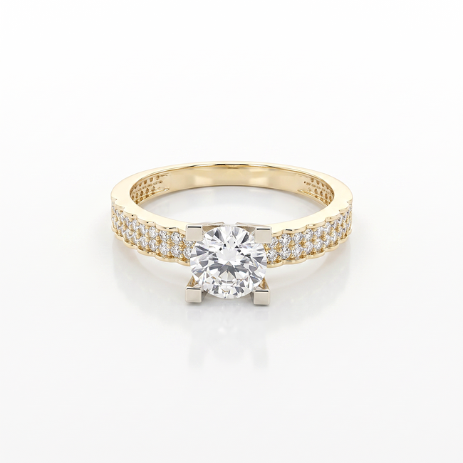 Gouden solitair ring met dubbele pavé band