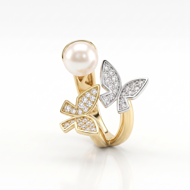 Gouden vlinder ring met parel en zirkonia