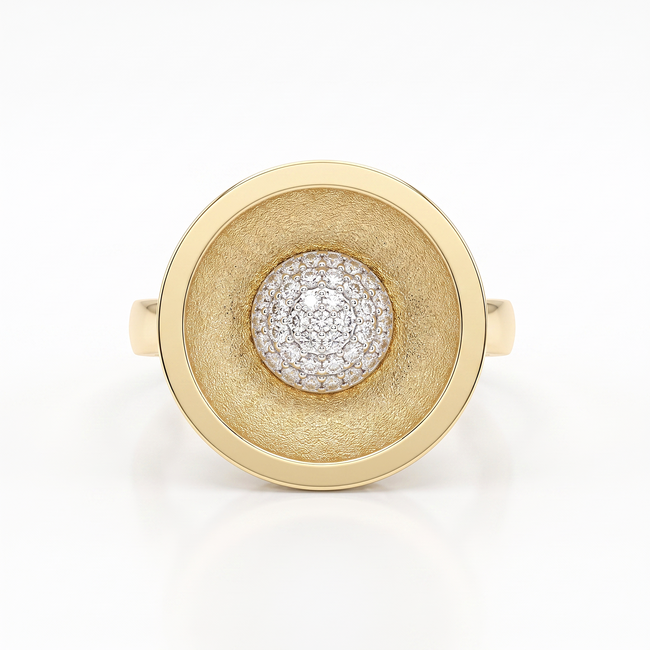 Gouden ring met ronde komvorm en zirkonia details