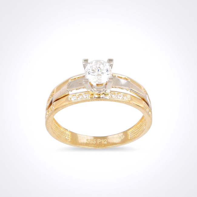 Gouden solitaire ring met dubbele band