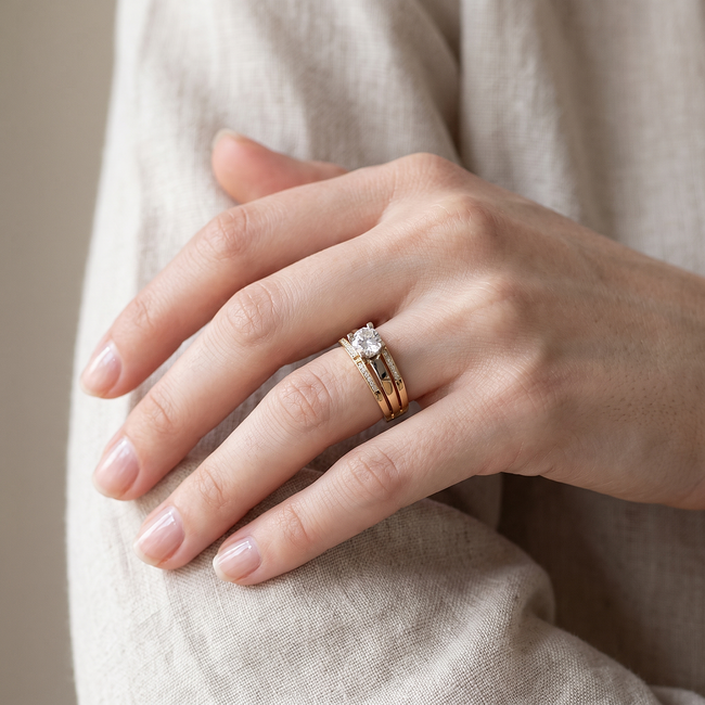 Gouden solitaire ring met dubbele band