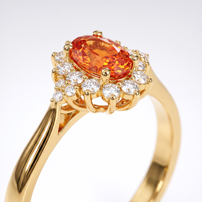 Gouden entourage ring 14 karaat met oranje saffier 0.59 ct