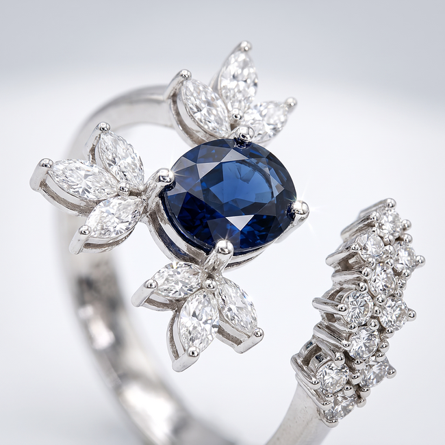 Witgouden statement ring 14 karaat met blauwe saffier 3.35 ct