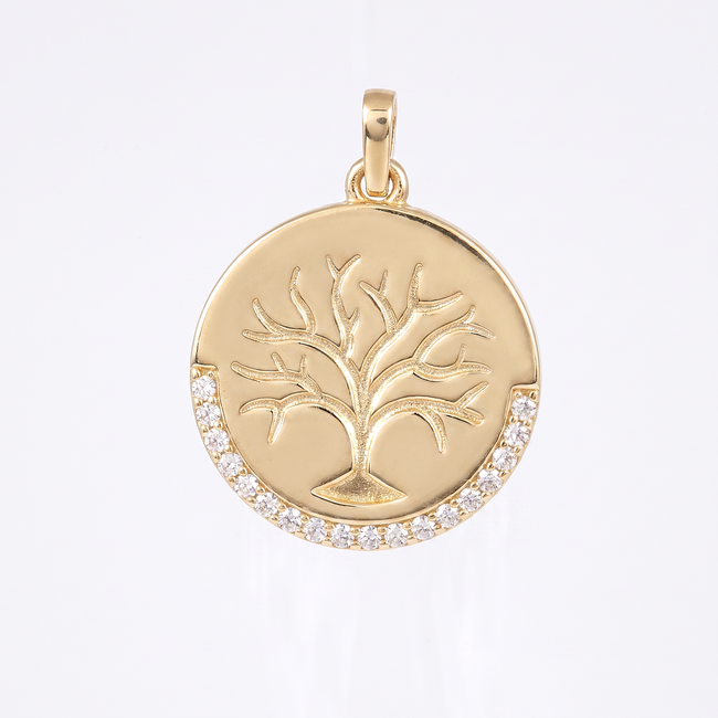 Gouden levensboom munt hanger met witte zirkonia