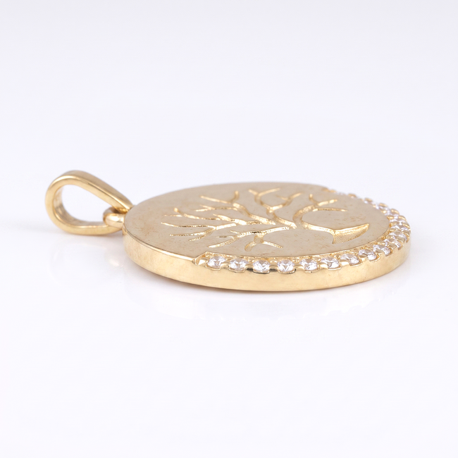 Gouden levensboom munt hanger met witte zirkonia