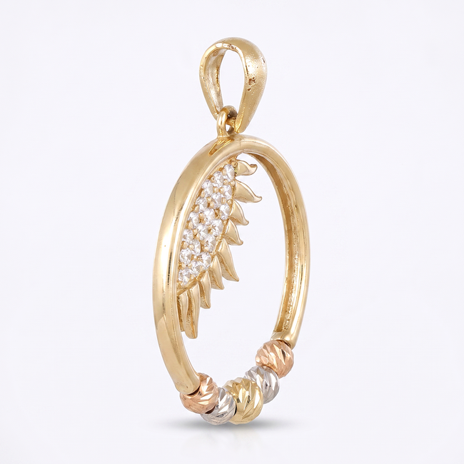 Ronde gouden hanger met veerdesign en details