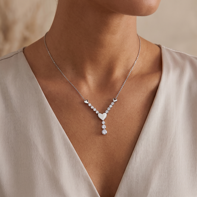 Witgouden collier met drie hartjes en zirkonia