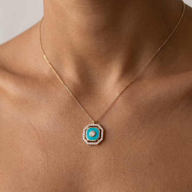 Gouden collier turquoise in achthoek