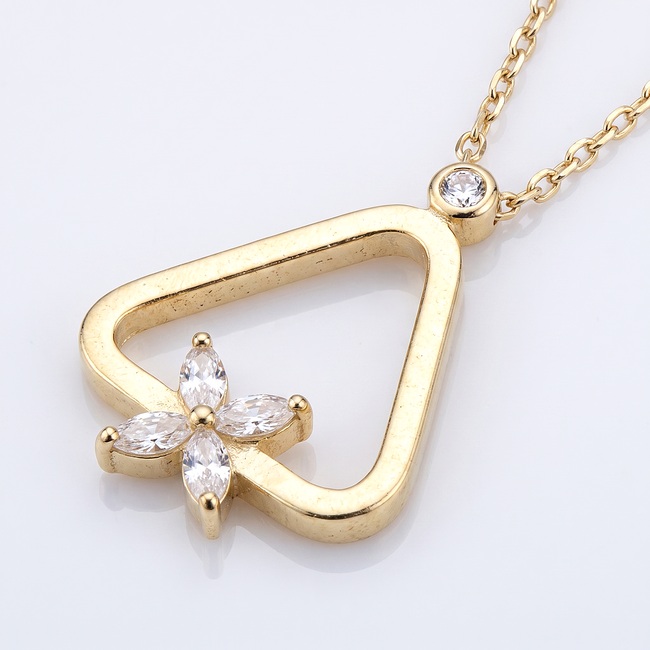 Gouden collier met open driehoek hanger en bloem
