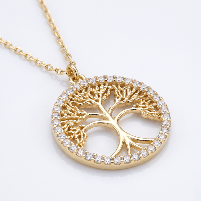Gouden collier met levensboom hanger en zirkonia