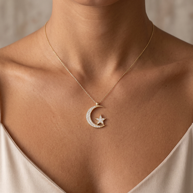 14k gouden collier met maan en ster hanger