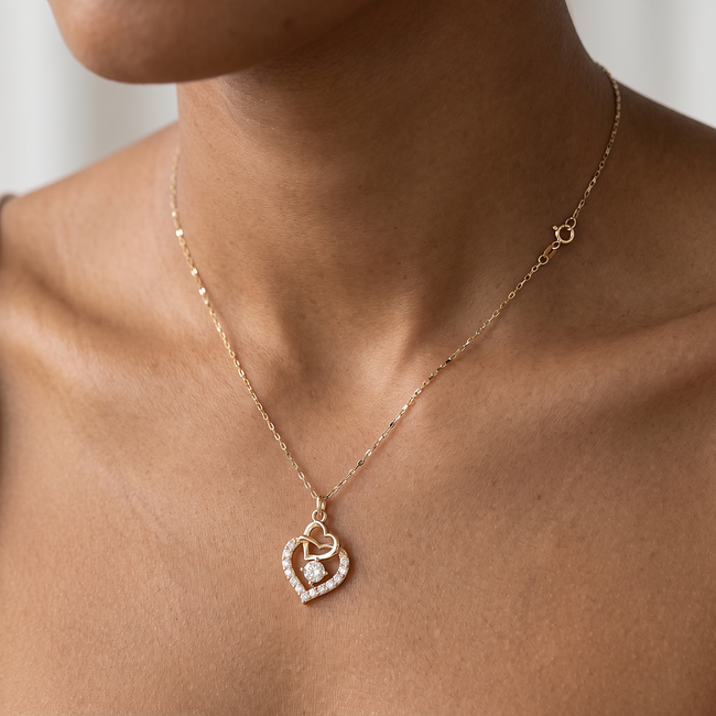 14k Gouden collier dubbel hart met steen 41 cm