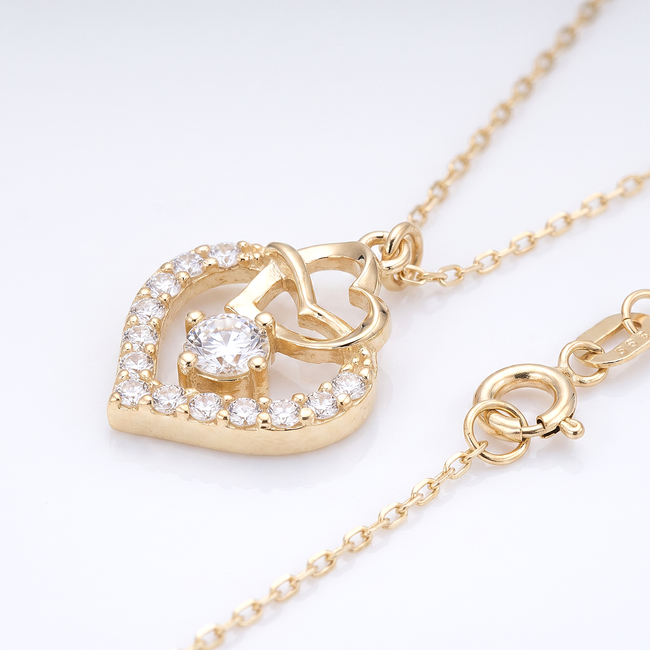 14k Gouden collier dubbel hart met steen 41 cm