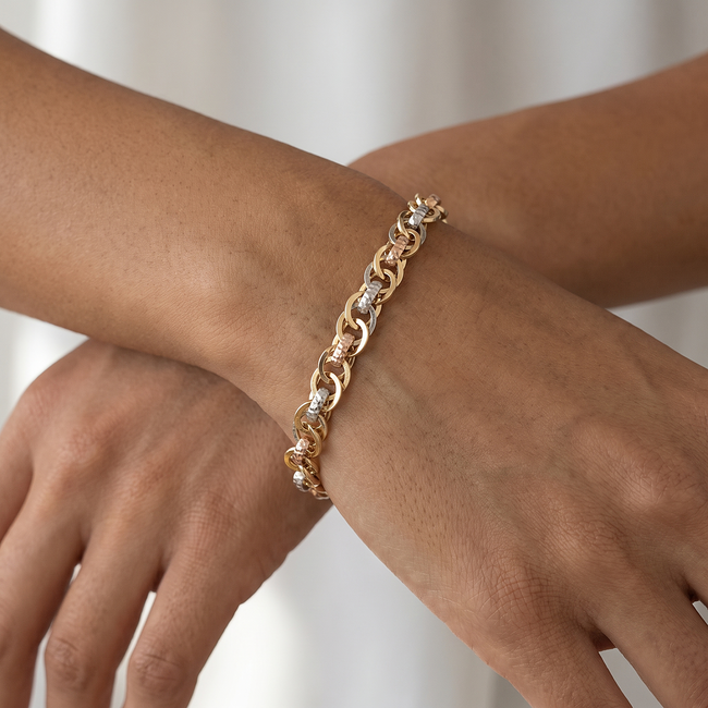 14 Karaat Driekleurige Gouden Schakelarmband