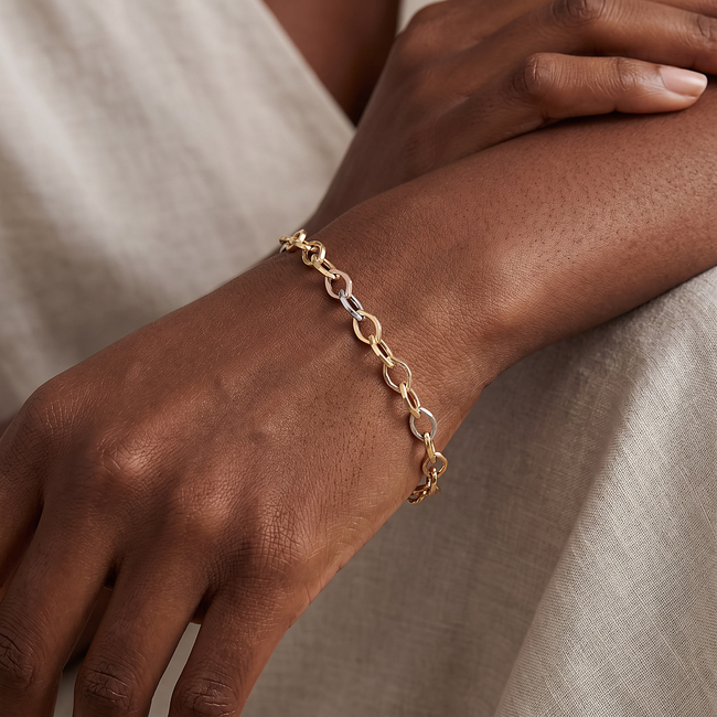 14k driekleurige gouden schakelarmband 19,5 cm