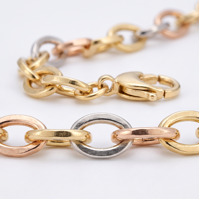 14k driekleurige gouden schakelarmband 19,5 cm